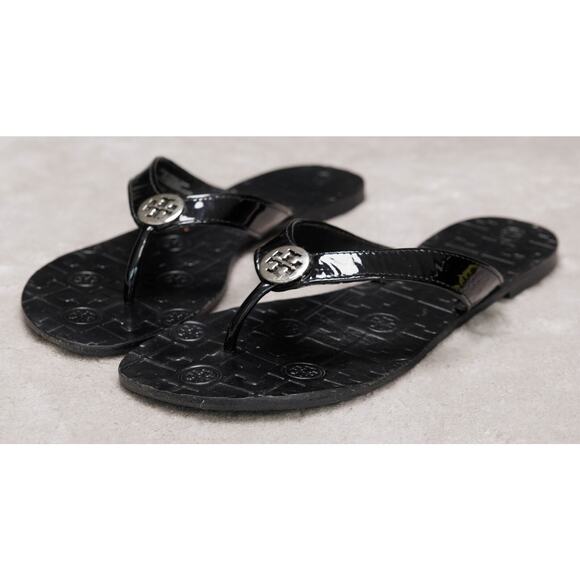 Tory Burch Thora Black Patent Leather Thong Sandals Womens Size 9 Silver Logo - Picture 7 of 16